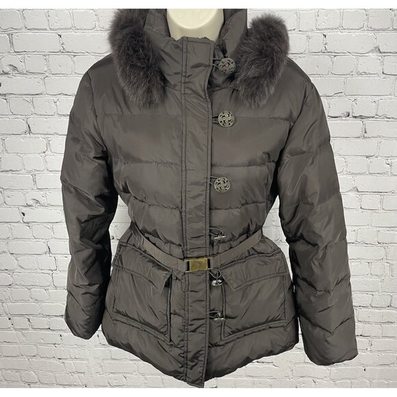 Tahari Brown Puffer Down Filled Genuine Fox Fur Removable Hood Coat Size Large L - Picture 1 of 16